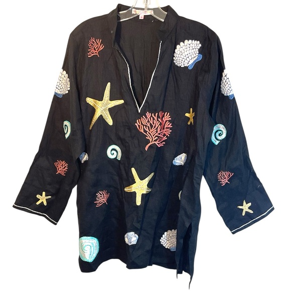 Barbara Gerwit Shirt Womens XL Black Embroidered Tunic Top Sea Life Coastal Boho - Picture 1 of 9